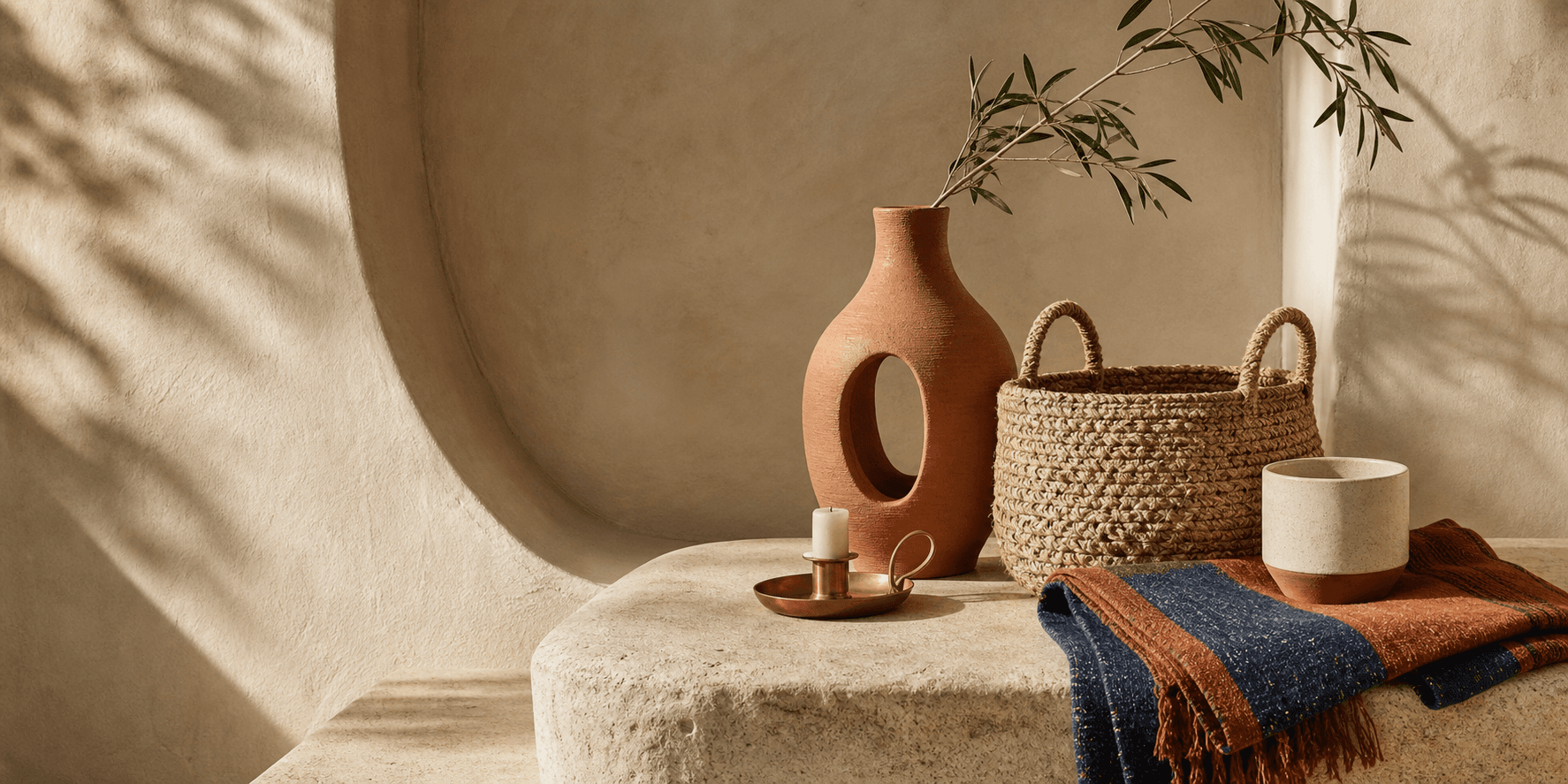 A terracotta vase, woven jute basket, brass light holder, ceramic cup and indigo textile arranged in warm afternoon light